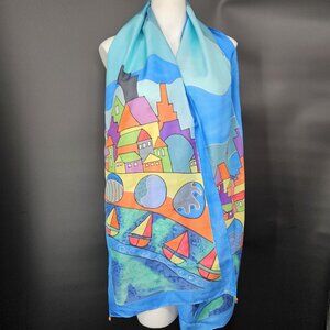 Laura Scarf Womens One Size Multicolor Nautical Village Boats Beaded Tassel Wrap